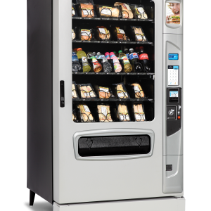 Alpine 5000 Elevator refrigerated food and beverage vending machine with optional platinum silver door styling, iCart touch screen and kick panel left quarter view.