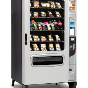 Alpine 5000 Elevator refrigerated food and beverage vending machine with optional platinum silver door styling and iCart touch screen left quarter view.