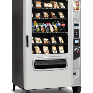 Alpine 5000 Elevator refrigerated food and beverage vending machine with optional platinum silver door styling left quarter view.
